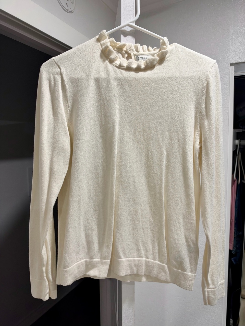 J. Crew Cream Ruffle-Neck Lightweight Knit Sweater